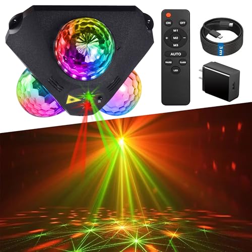 Yinpkteo 4 in 1 Disco Ball DJ Party Lights, 3 RGB Disco Lights+Red and Green Pattern Lamp Strobe Lighting for Home Room Dance Parties Birthday Karaoke Halloween Christmas Wedding Show Club Decorations