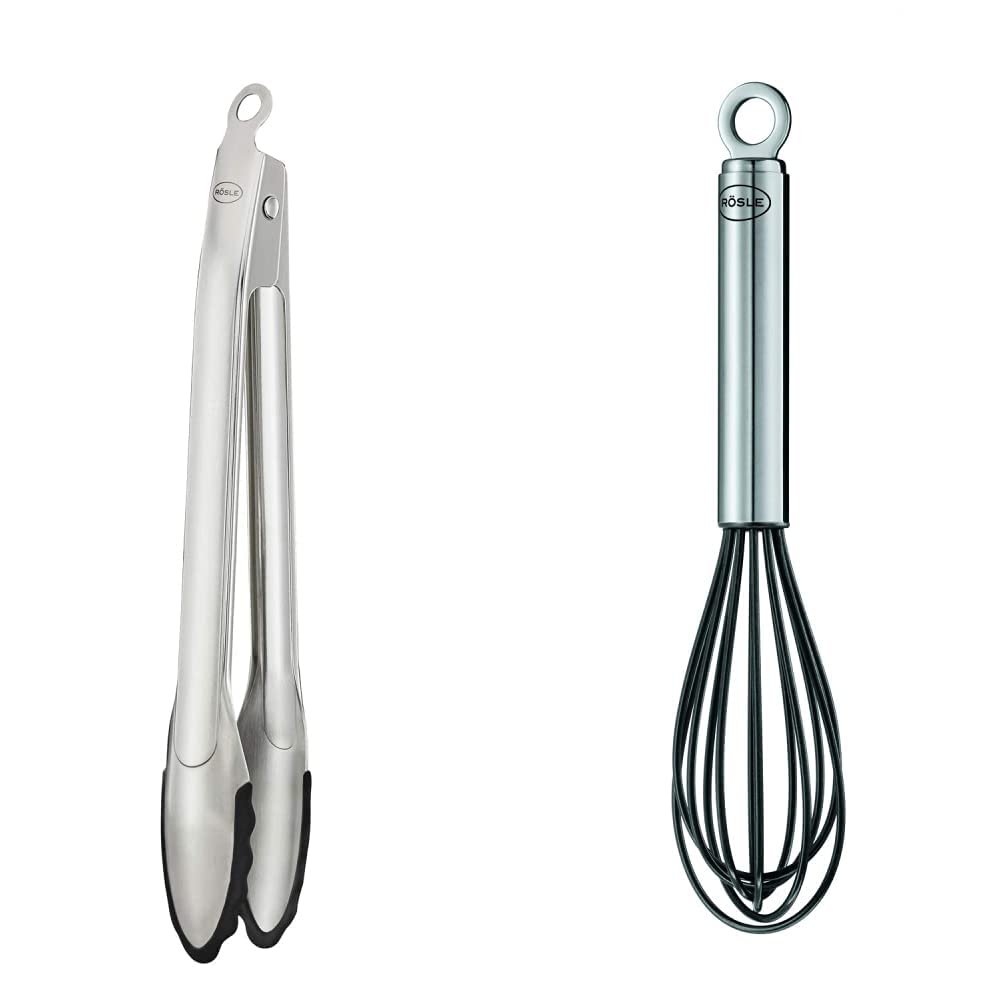 RÖSLE Gourmetzange Silikon, Hochwertige Küchenzange, 30 cm & Schneebesen, Rührbesen Mit Schmalem Griff, Edelstahl 18/10, Temperaturbeständig Bis 220 °C, Länge 27 cm