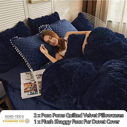 Image of LIFEREVO Luxury Plush Shaggy Duvet Cover Set, Soft Velvet Fluffy Furry Duvet Cover Set(1 Faux Fur Fuzzy Comforter Cover + 2 Pom Poms Pillowcases) Solid Bedding Set, Zipper Closure(Full /Queen, Navy)