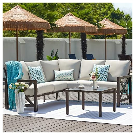 NATURAL EXPRESSIONS 6 Pieces Patio Furniture Sets, Metal Outdoor Sectional Furniture L Shape Patio Conversation Sets,Highback Frame,Metal Table,Large Waterproof Cover, 6.5" Olefin Cushions