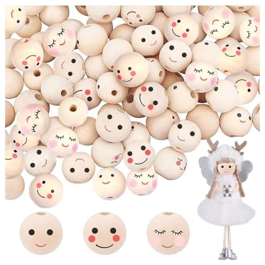 Wnddle Cuentas de Madera con Cara Sonriente, 60 Piezas Cuentas de Madera Sonrientes, 20mm Cabeza Sonriente, Cuentas de Madera de 5 Estilos, Cuentas de Madera Redondas, para Hacer Pulseras, Collares