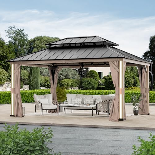 Modern-Shade-Permanent-Hardtop-Gazebo-12-x-16-with-4-LED-Lights-Outdoor-Gazebo-with-Double-Roof-Aluminum-Frame-Patio-Gazebo-with-USB-Charging-Port-Deck-Mosquito-Netting-and-Curtains Modern Shade Permanent Hardtop Gazebo 12 x 16 with 4 LED Lights Outdoor Gazebo with Double Roof Aluminum Frame Patio Gazebo with USB Charging Port Deck Mosquito Netting and Curtains