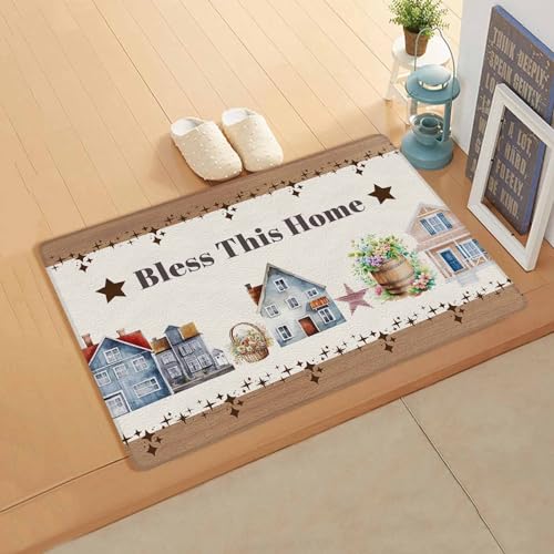 Country House Antifatigue Kitchen Bath Door Mat Cushioned Runner Rug,Washable Welcome Floor Sink Mat,Waterproof & Non-Slip Standing Doormat for Kitchen,Brown Barn Star Spring Retro Flower 18