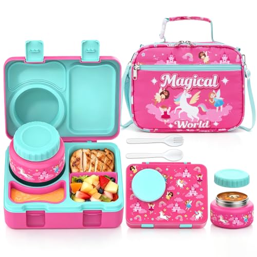 Image of Bento Box for Kids, Leakproof Kids Lunch Box with 8.5OZ Thermo Food Jar & Lunch Bag, 3-4 Compartments Toddler Insulated Lunch Box for Girls, BPA Free Lunch Containers for School Daycare
