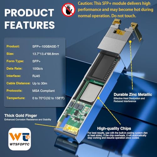 Image of 10G SFP+ to RJ-45 Transceiver, Copper SFP+ CAT6a Module, Up to 30m | Auto-Negotiation 1.25 /2.5 /5 /10G-T Ethernet RJ45, for Cisco SFP-10G-T-S, Ubiquiti UF-RJ45-10G, TP-Link, Mikrotik, Netgear