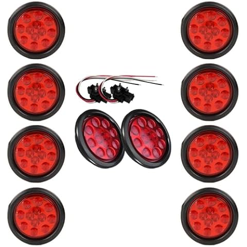 NEW SUN 10PC 4" Red Led Round Trailer Tail Lights Trailer Stop Brake Tail Lights 12 Diodes LED Sealed IP67 Waterproof Lens Plug & Play Cover