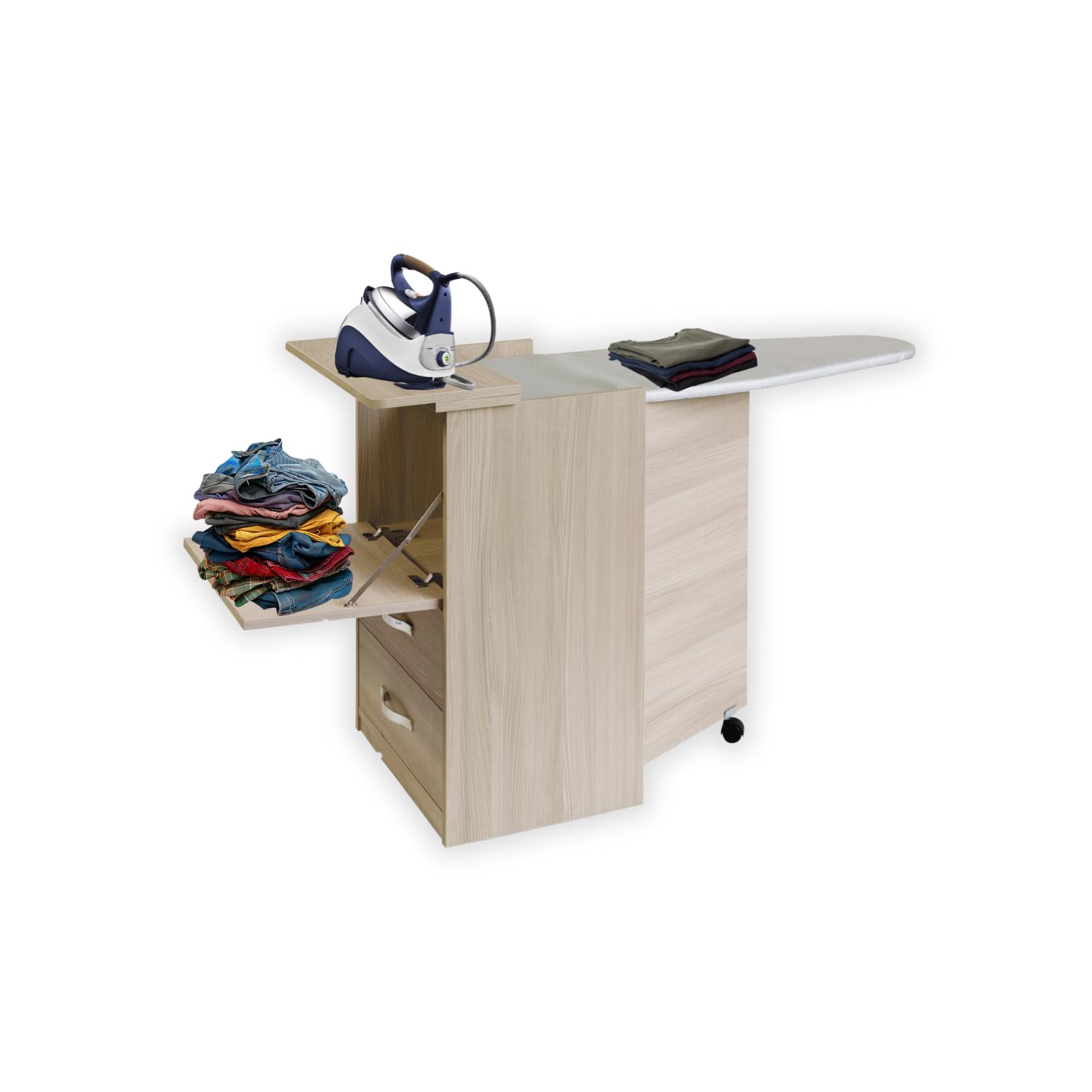 MOHOME Asse da Stiro Mobile A Scomparsa Già Montato Legno Nobilitato Olmo Multiuso Salvaspazio 3 Cassetti Dimensioni 89 x 44 x 57 cm Rotelle Trasportabili Colore Mollettone Assortito