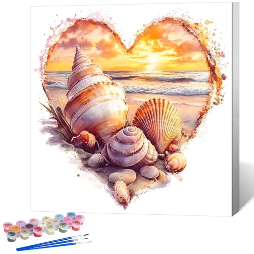 OkarinaArt Peinture par numéros pour adultes avec cadre - Coquillage & Plage - Framed Paint by Numbers Set sur Toile pour DIY Décoration Murale 25x25cm