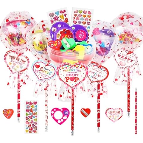 Valentines Day Gifts for Kids-28Pack Giant Lollipop-Shaped Stationery Set with Valentine's Heart Cards Pencils Stickers Erasers Ruler Sharpener for Boys Girls School Class Exchange Gifts Party Favor Cover