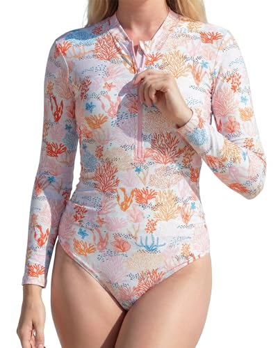 Tame the Sun Long Sleeve Swimsuits for Women - One Piece Tummy Control, UPF 50+ Bathing Suit - Rash Guard, Zipper Swimwear (Coral, 6)