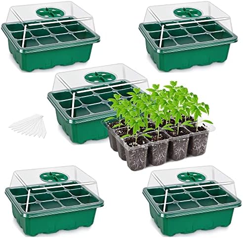 Bonviee 5-Pack Seed Starter Trays, Seed Starter Kit with Adjustable Humidity Dome and Base Indoor Greenhouse Mini Propagator for Seeds Growing Starting (12 Cells Per Tray, Green)