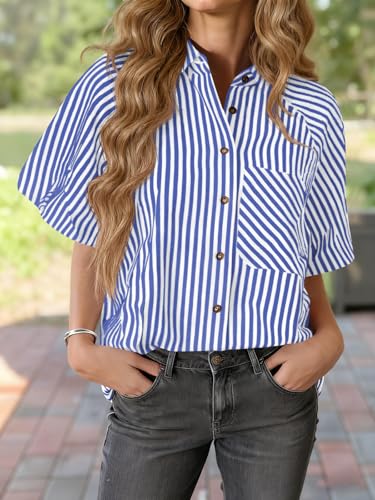 Image of Tankaneo Womens Short Puff Sleeve Button Down Shirts Striped Trendy Casual Loose Fit Blouse V Neck Collared Tops