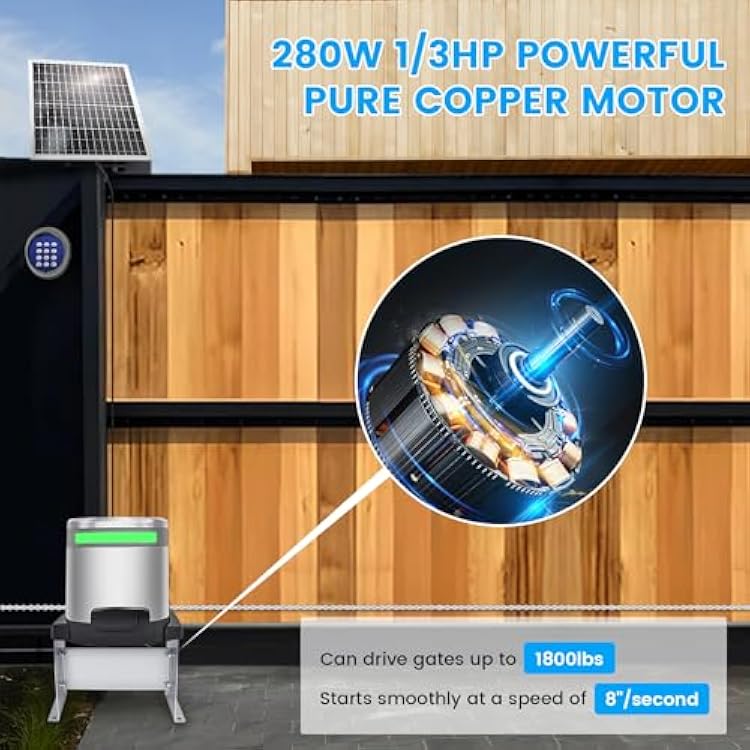 1800lb Automatic Solar Sliding Gate Opener APP Control,280W Solar Powered Chain Drive Electric Sliding Gate Opener with Remotes,Keypad,Solor Panel,Built-in Battery Backup