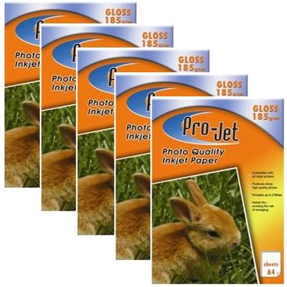 100 Sheets of Instant Drying Pro-Jet Photo Quality Inkjet Paper - Gloss - A4 Size 185gsm - Prints up to 5760 dpi - Pro-Jet Branded Photo Paper - Compatible with all Inkjet Printers
