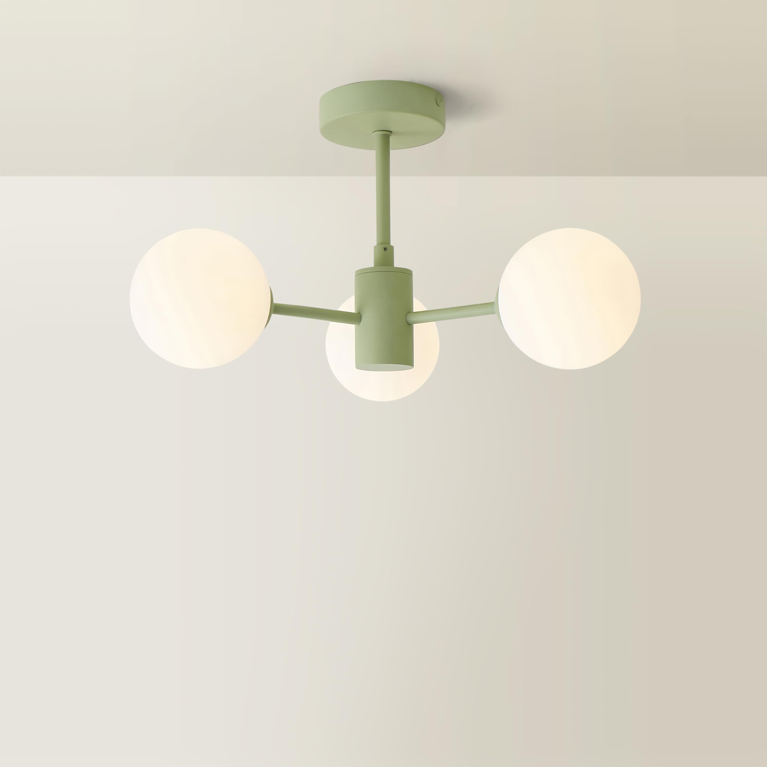 B&Q -  Marlow Sage Green 3 Way Ceiling Light With White Frosted Glass Globe Lampshades