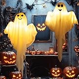 LMSHOWOWO 2PCS 60cm Halloween Deko Geist, Hängende Geister mit LED Licht, Gruselige Geist Windsack Hängende Dekoration, Halloween Deko Outdoor, für Party Terrasse Garten Veranda Patio Rasen Vorgarten
