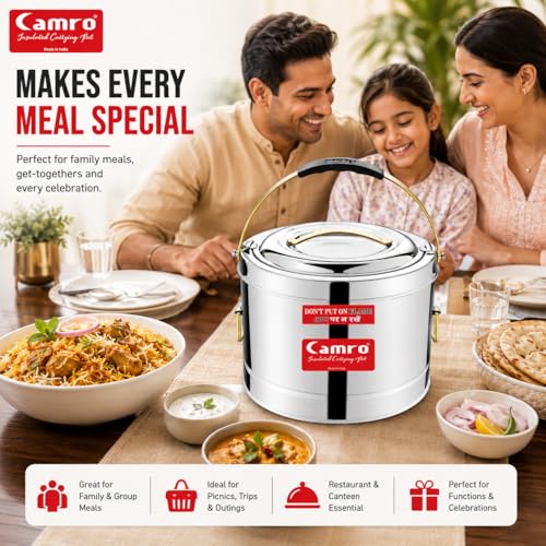 Image of Camro Sambar Pot Stainless Steel 20 Liters | Sambar Container with Lid | Casserole for Cooking | Canteen & Hotel Casserole Container | Picnic HotPot | Biryani Box Puff Insulated Hot & Cold Serving
