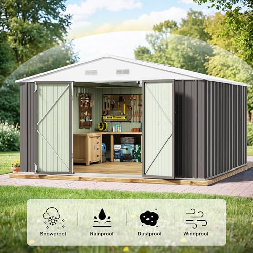Image of JUMMICO 10 x 10 FT Outdoor Storage Shed, Large Metal Garden Shed & Tool Sheds for Backyard Garden Patio Lawn (Grey)