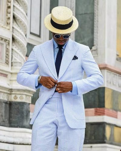 Wangyue Mens Seersucker Suit 2 Piece Seersucker Suits for Men Slim Fit Casul Summer Beach Wedding Striped Jacket Pants2