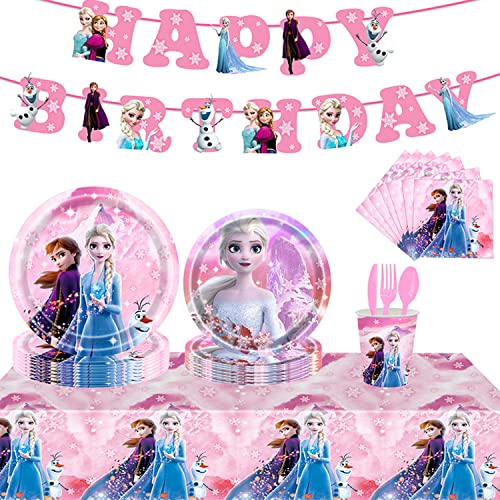 Geburtstag Geschirr Kit, 82 Stück Frozen Partygeschirr Geburtstag, Partygeschirr Kindergeburtstag, Gebutstag Party Set Frozen, Dazu gehören Teller, Papiertuch, Messer, Gabel, Tasse, Tischdecke, Banner Cover