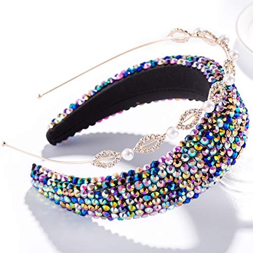 HETIANMEI Jewel Headband and Rhinestone Headbands for Women，Bling Diamond Headbands Crystal Fashion Sparkly Jeweled Thick Headbands for Woman 2 Pcs (color)