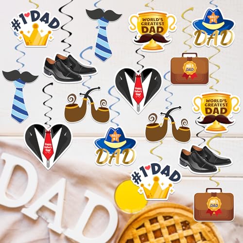 Image of 32Pcs Father's Day Hanging Swirl Decorations, Double-Sided #1 Dad Cutouts and Foil Streamers, Blue Gold Best Dad Ever Party Supplies for Home Office Indoor Covered Outdoor