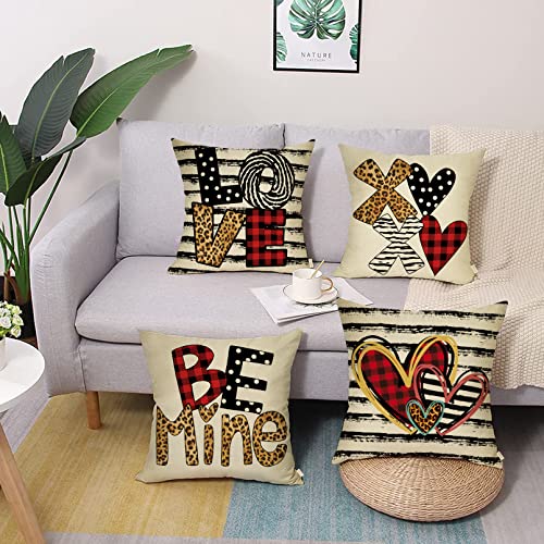 Fjfz Valentine's Day Decorative Throw Pillow Cover 18X18 Set Of 4, Be Mine Love Leopard Red Buffalo Plaid Check Black Polka Dot Striped Anniversary Wedding Home Decor Farmhouse Cushion Case For Couch #TOP4