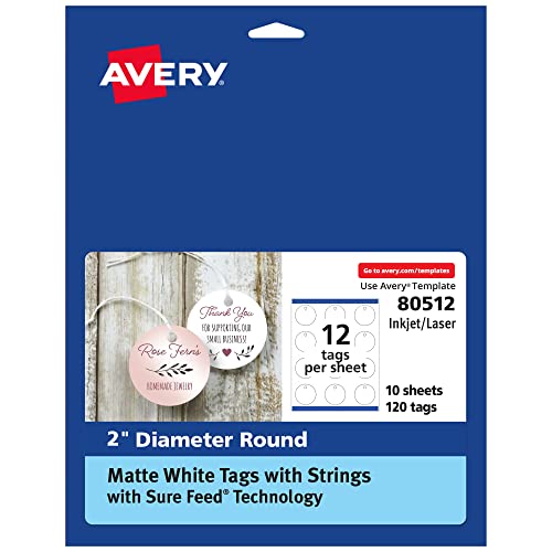 Avery Round Tags Sure Feed Technology 2 Diameter Matte White Strings Included 120 Total Print-to-The-Edge Laser/Inkjet Printable (80512)