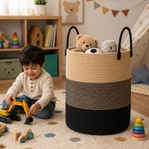 Image of Large Laundry Basket - Rope Hamper for Dirty Clothes, Towels, Toys, Blanket, Pillows in Living Room, Bedroom and Laundry Room (Size - 14 inch x 14 inch x 18 inch) (Beige Black Mix)