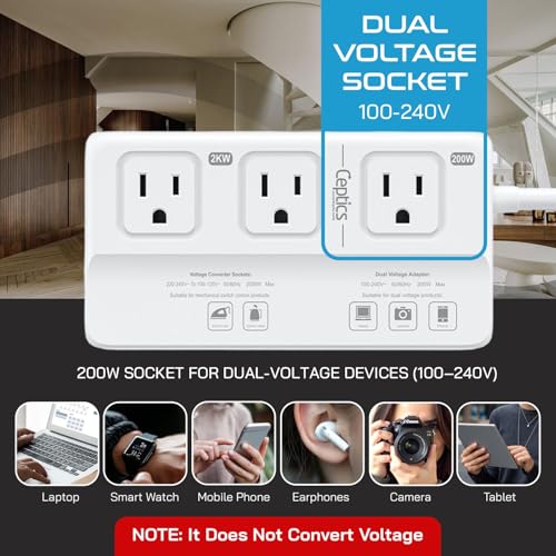 Image of Ceptics 220v to 110v Converter for Travel, 2000W Voltage Converter US to Europe with 3 AC outlets, 4 USB Ports (2X USB-C) and 6 SWadAPt attachments