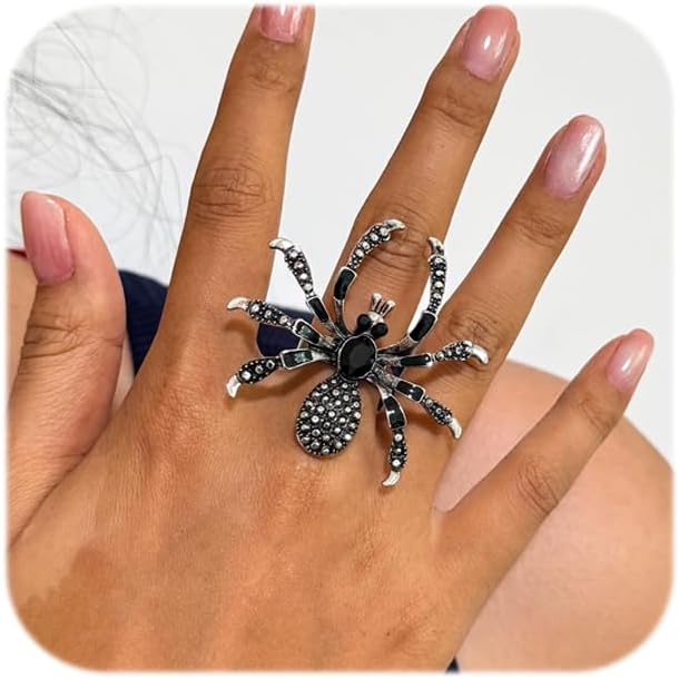 Halloween Rings for Women Gothic Spider Ring Statement Insect Shape Black Rhinestone Ring Adjustable Punk Halloween Costume Party Jewelry Gift