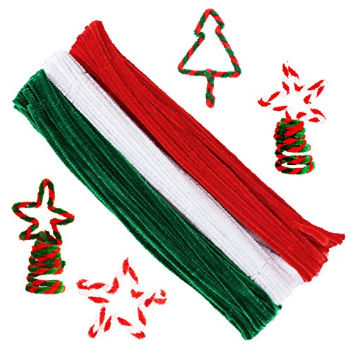 150 Pieces Christmas Pipe Cleaners Chenille Stem,50 White Craft Pipe Cleaners,50 Green Chenille Stems Pipe Cleaners, and 50 Red Pipe Cleaners for Arts and Crafts, Xmas Home Decoration