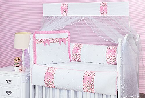 Kit de Berço Provençal Clean, 09 Peças, Giz de Cor Confecções, Branco/Rosa