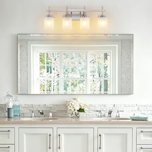 Image of 4-Light Brushed Nickel Vanity Light with White Linen Frosted Glass E26 Socket,Bathroom Light Fixture,Modern Wall Light Over Mirror(Bulbs Not Included)