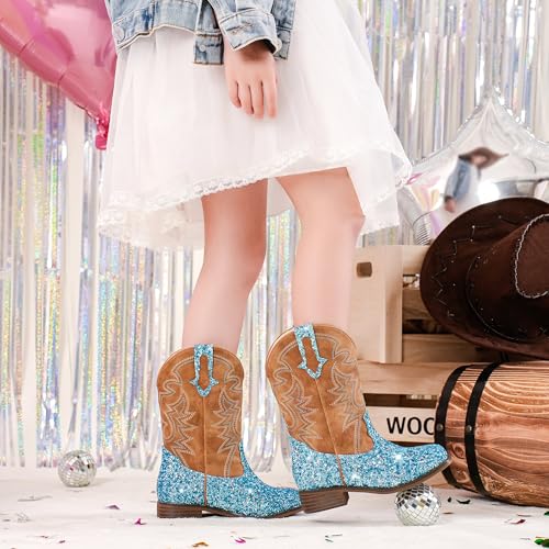 Girls Cowgirl Boots Mid Calf Square Toe Western Boot for Kids Glitter Cowboy Boot in Party for Toddler Little Big Girls Riding Shoes2