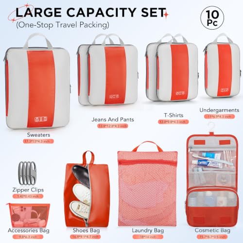 Image of OlarHike 10 Set Compression Packing Cubes for Travel Essentials,Compressible Expandable Packing Cubes for Suitcase,Luggage Garment Bags with Over 99 pcs of Mesh Holes(Orange)