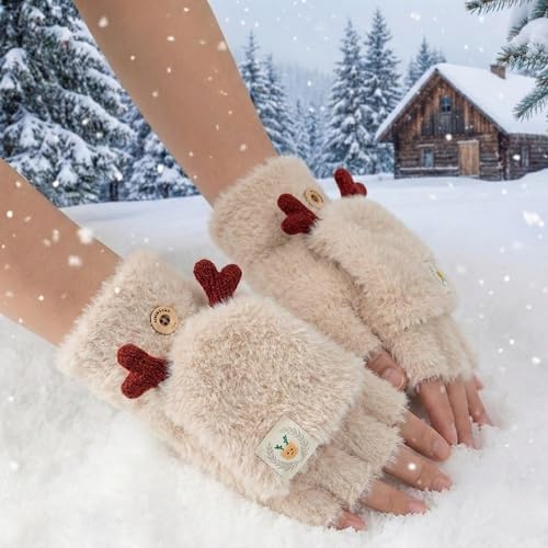 Image of Kraptick Women's Cute Reindeer Plush Convertible Fingerless Gloves - Winter Warm Fluffy Flip-Top Mittens - Korean Style Soft Hand Warmers for Girls & Ladies (Free Size, White)-3