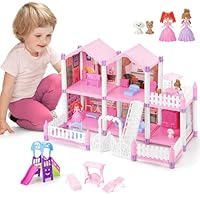 deAO Puppenhaus mit 2 Prinzessinnen, Möbeln und Zubehör, Traum-Puppenhaus für kleine Mädchen – 5 Zimmer, 1 Terrasse und 1 Garten, Geschenk für Mädchen im Alter von 2 bis 8 Jahren, Rosa