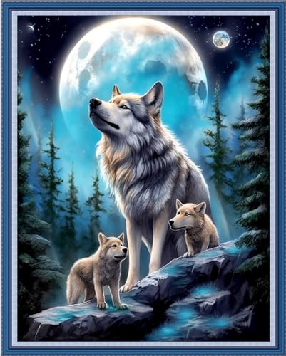 Image of Dooxvey Cross Stitch Kits for Adults Beginners,Full Range of Cross-Stitch Stamped Kits Needlepoint Kits for Beginners Embroidery Kits 11CT Cross Stitch Patterns-Moon Wolf 16x20 inch