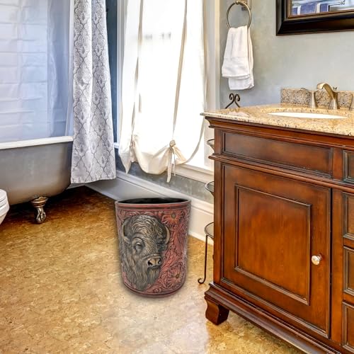 Image of BestGiftEver Faux Tooled Leather Trash Bin with Bison Bust Accent - Southwest Decorative Resin Wastebasket - Ideal for Ranch Farmhouse Enthusiasts
