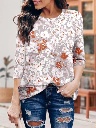 KISSMODA Tunic Tops for Women Loose Fit Dressy Round Neck Pleated 3/4 Length Sleeve Spring Tops