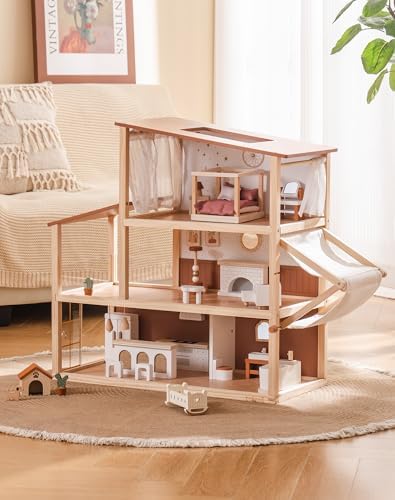 ROBUD Doll House - Wooden Bohemian Dollhouse with Realistic Desig...