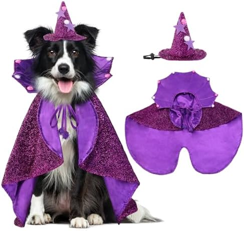 JOICEE Halloween Dog Costumes, Witch Hat with Cape Classic Purple...