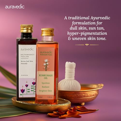 Image of Auravedic Kumkumadi tailam for face Kumkumadi face oil for glowing skin & Nalpamaradi thailam 100 ml pack of 2 kumkumadi oil pigmentation serum body oil after bath for daily use
