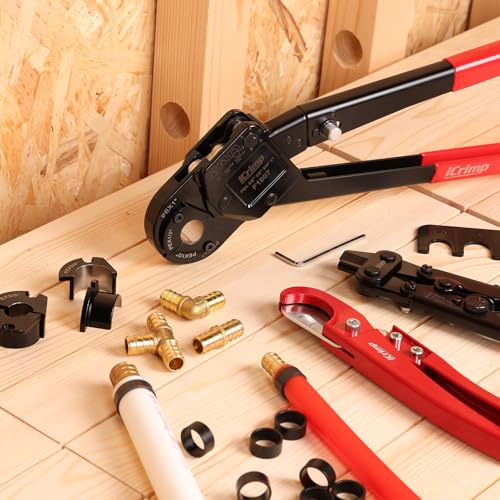 iCrimp Angle Head PEX Crimping Tool Kit for 3/8,1/2,3/4,1-inch with Copper Ring Removal Tool, Pex Pipe Cutter and Gauge, Meets ASTM F1807 Standard, Suitable for Tight Spaces