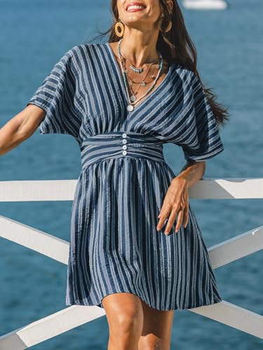 Image of CUPSHE Women Summer Dress Striped V Neck Smocked Waist Front Buttons Sun Dress Casual Vacation Beach Short Mini Dress