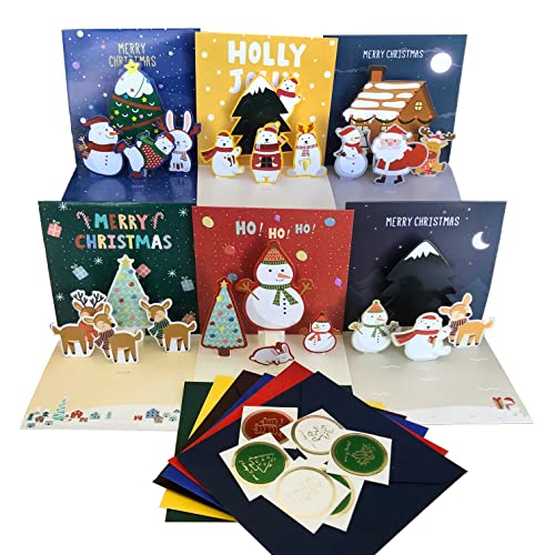 3D Weihnachtskarten Pop-Up Karte mit umschlag set, 6er Pack Weihnachten 3D Grußkarte mit Umschlag, Premium Papier Pop-Up Santa Lebkuchenmann Grußkarte Ideal für Familie Freunde Weihnachtsgrüße (W) Cover