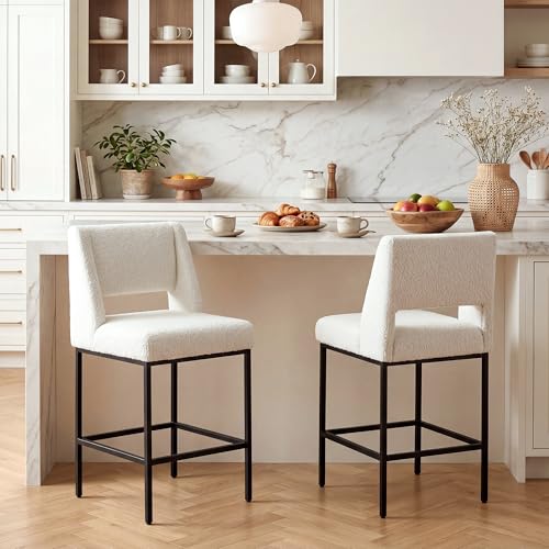 Image of Zesthouse Counter Height Stools Set of 4, Upholstered Boucle Fabric Barstools with Backs, 26 inch Modern Bar Chairs for Kitchen Island, Counter Height Chairs with Extra Thick Cushion & Metal Legs, White