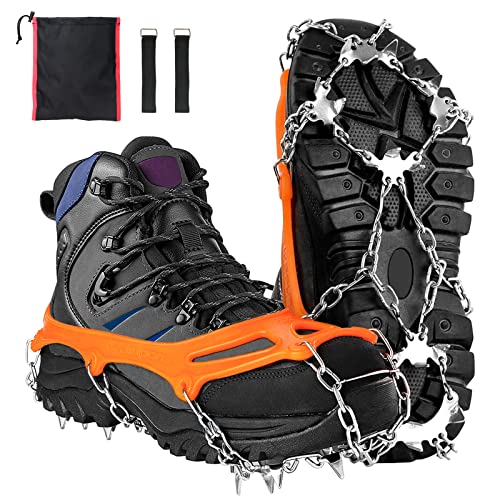Steigeisen für Bergschuhe, Ice Klampen Steigeisen, Schneekette, Grödel und Spikes für Klettern Bergsteigen Trekking High Altitude Winter Outdoor (L, Orange) Cover