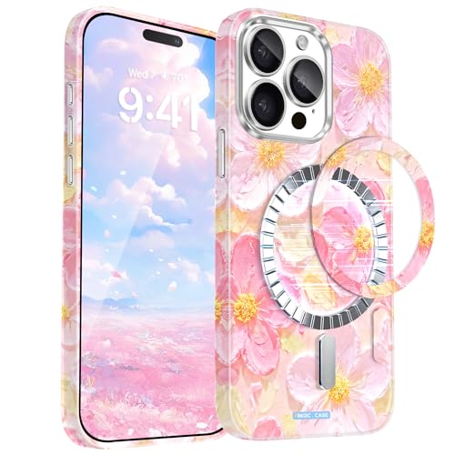 Coque iPhone 15 Pro fleurs roses phosphorescente et compatible Magsafe Fingic